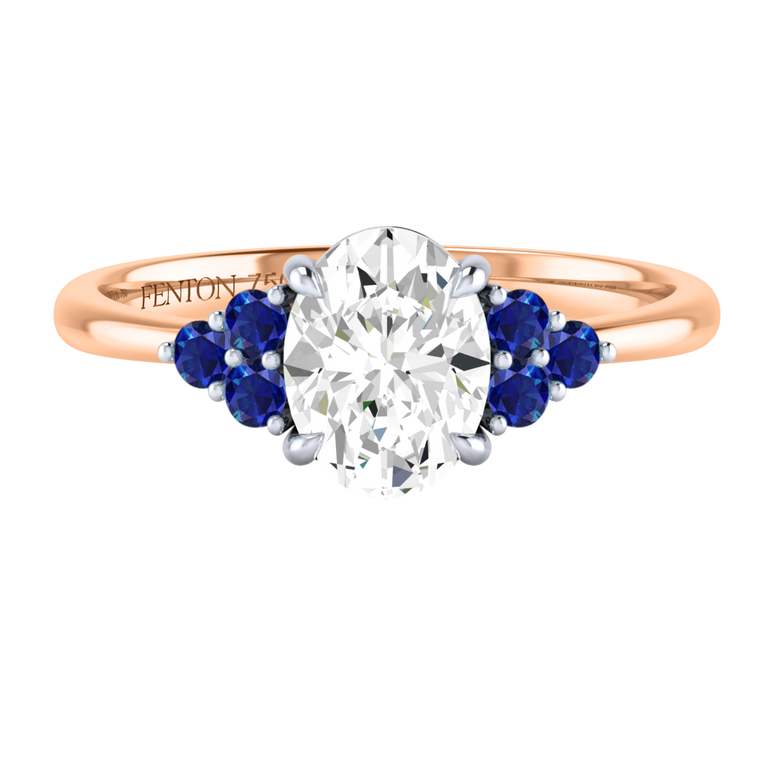 Naturally Mined Diamond Trefoil Oval Cut Diamond and Blue Sapphire 18k Rose Gold Ring