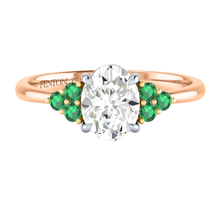 Naturally Mined Diamond Trefoil Oval Cut Diamond and Emerald 18k Rose Gold Ring