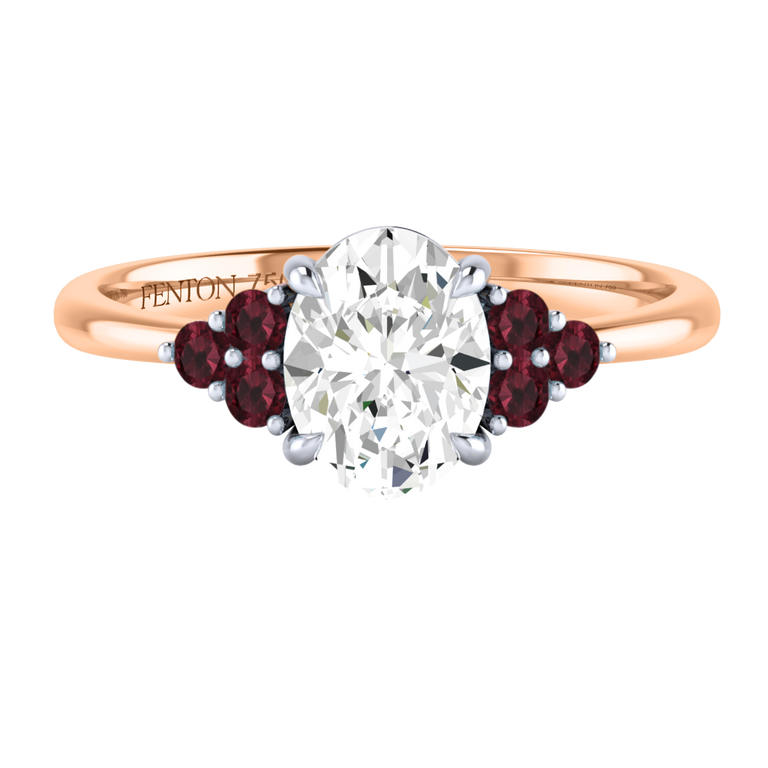 Naturally Mined Diamond Trefoil Oval Cut Diamond and Garnet 18k Rose Gold Ring