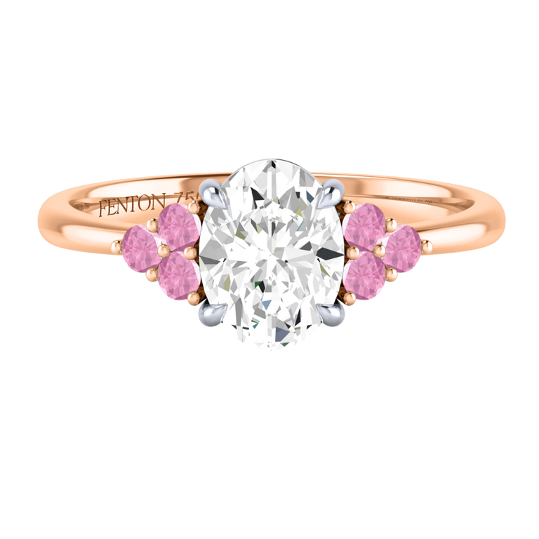 Naturally Mined Diamond Trefoil Oval Cut Diamond and Pink Sapphire 18k Rose Gold Ring