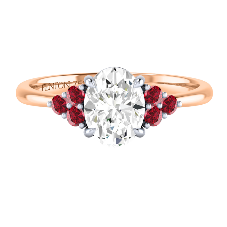 Naturally Mined Diamond Trefoil Oval Cut Diamond and Ruby 18k Rose Gold Ring