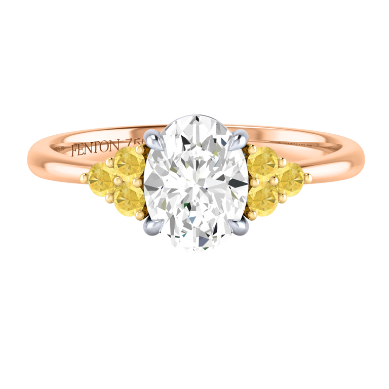 Naturally Mined Diamond Trefoil Oval Cut Diamond and Yellow Sapphire 18k Rose Gold Ring