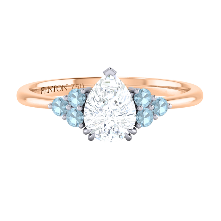 Naturally Mined Diamond Trefoil Pear Cut Diamond and Aquamarine 18k Rose Gold Ring