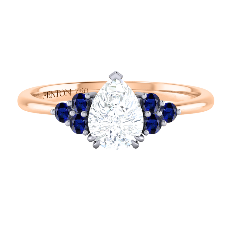 Naturally Mined Diamond Trefoil Pear Cut Diamond and Blue Sapphire 18k Rose Gold Ring