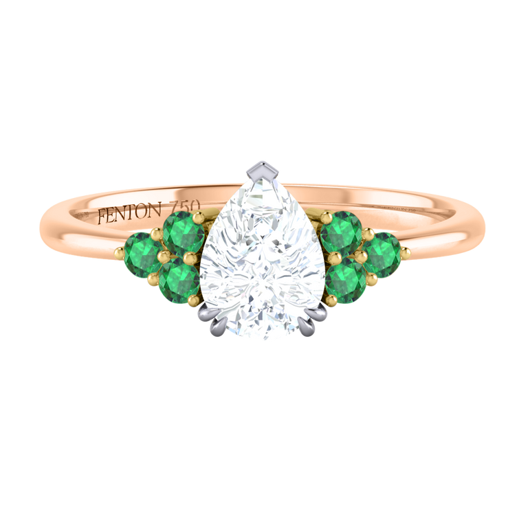 Naturally Mined Diamond Trefoil Pear Cut Diamond and Emerald 18k Rose Gold Ring