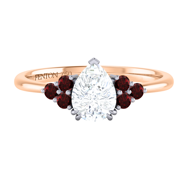 Lab Grown Diamond Trefoil Pear Cut Diamond and Garnet 18k Rose Gold Ring