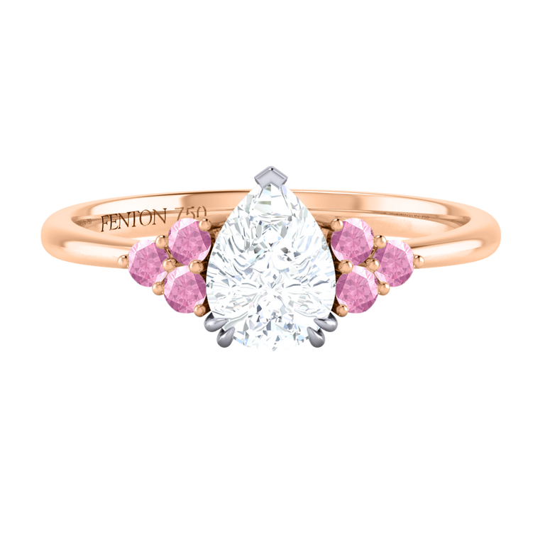 Naturally Mined Diamond Trefoil Pear Cut Diamond and Pink Sapphire 18k Rose Gold Ring