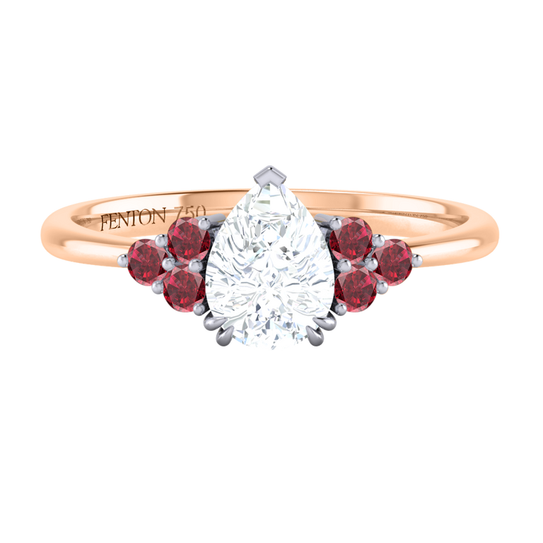 Lab Grown Diamond Trefoil Pear Cut Diamond and Ruby 18k Rose Gold Ring