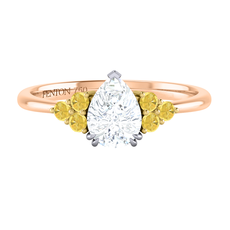 Naturally Mined Diamond Trefoil Pear Cut Diamond and Yellow Sapphire 18k Rose Gold Ring