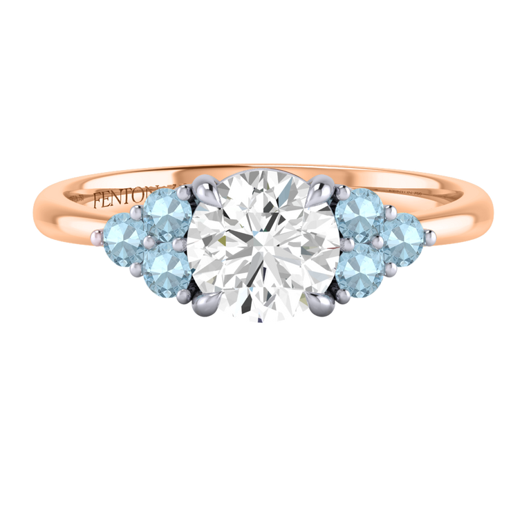 Naturally Mined Diamond Trefoil Round Cut Diamond and Aquamarine 18k Rose Gold Ring