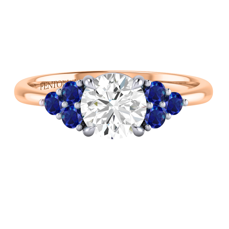 Naturally Mined Diamond Trefoil Round Cut Diamond and Blue Sapphire 18k Rose Gold Ring