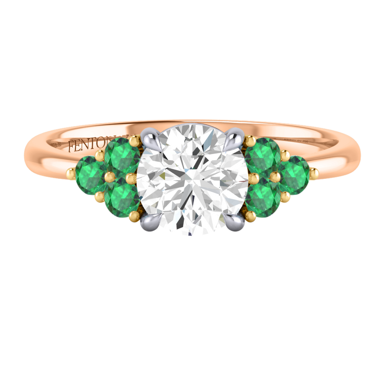 Naturally Mined Diamond Trefoil Round Cut Diamond and Emerald 18k Rose Gold Ring