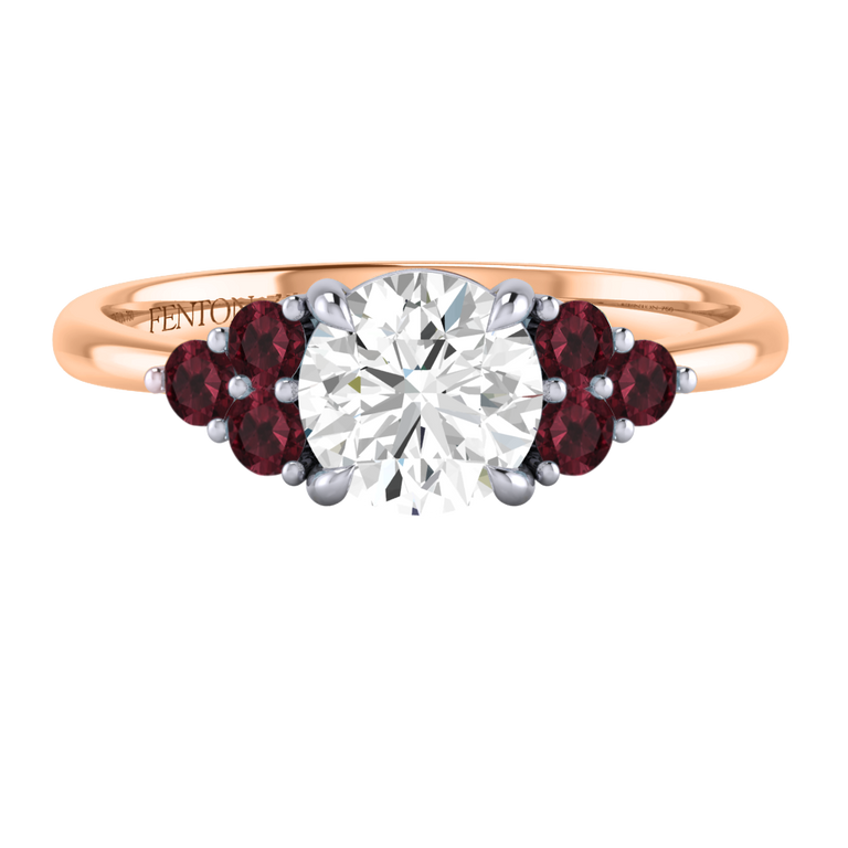 Naturally Mined Diamond Trefoil Round Cut Diamond and Garnet 18k Rose Gold Ring