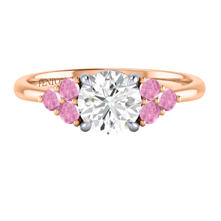 Naturally Mined Diamond Trefoil Round Cut Diamond and Pink Sapphire 18k Rose Gold Ring