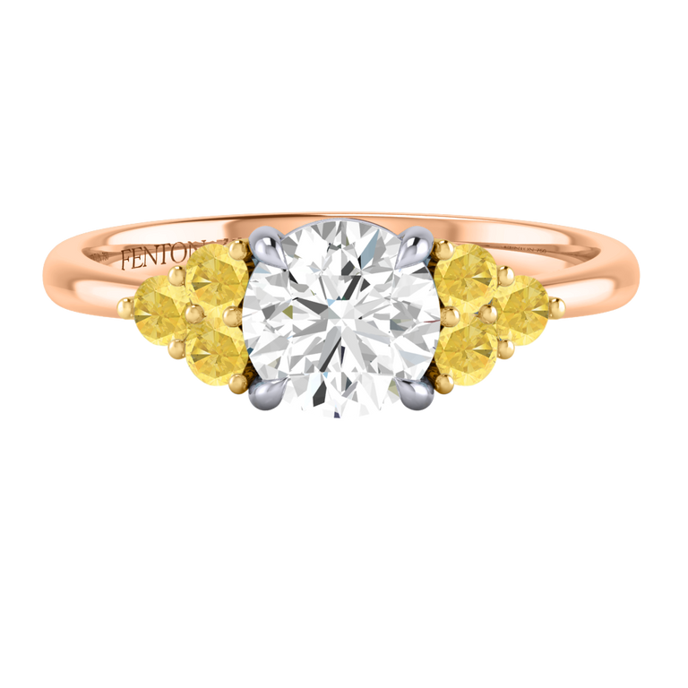 Naturally Mined Diamond Trefoil Round Cut Diamond and Yellow Sapphire 18k Rose Gold Ring