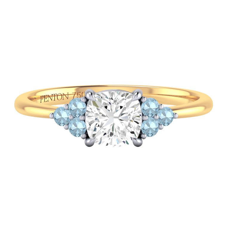 Naturally Mined Diamond Trefoil Cushion Cut Diamond and Aquamarine 18k Yellow Gold Ring