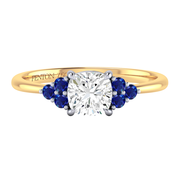 Naturally Mined Diamond Trefoil Cushion Cut Diamond and Blue Sapphire 18k Yellow Gold Ring