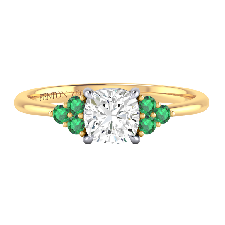 Naturally Mined Diamond Trefoil Cushion Cut Diamond and Emerald 18k Yellow Gold Ring