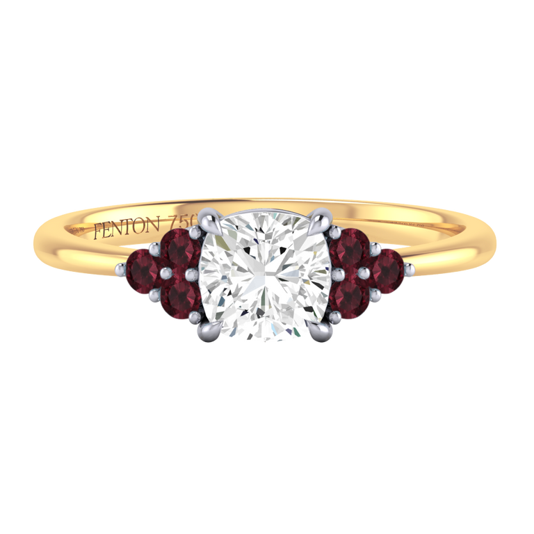 Naturally Mined Diamond Trefoil Cushion Cut Diamond and Garnet 18k Yellow Gold Ring