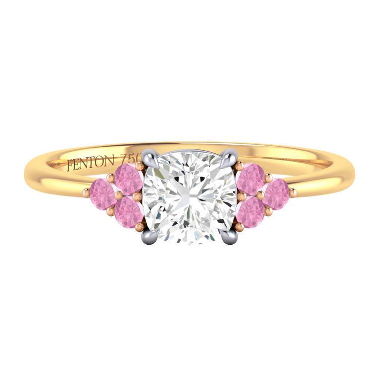Naturally Mined Diamond Trefoil Cushion Cut Diamond and Pink Sapphire 18k Yellow Gold Ring