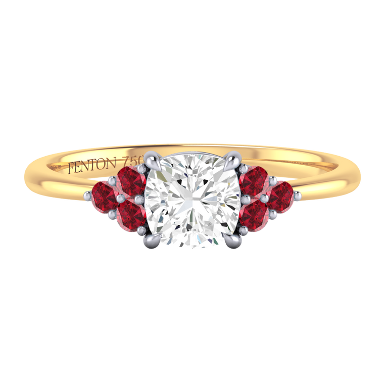 Naturally Mined Diamond Trefoil Cushion Cut Diamond and Ruby 18k Yellow Gold Ring