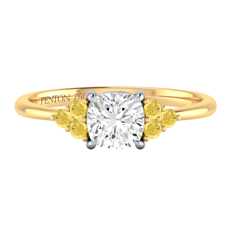 Naturally Mined Diamond Trefoil Cushion Cut Diamond and Yellow Sapphire 18k Yellow Gold Ring