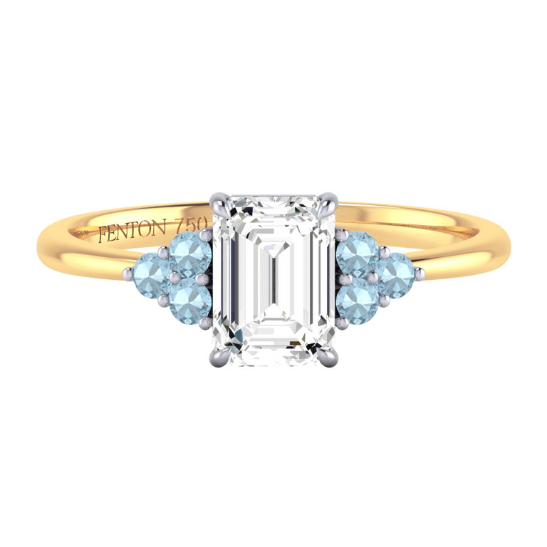 Naturally Mined Diamond Trefoil Emerald Cut Diamond and Aquamarine 18k Yellow Gold Ring