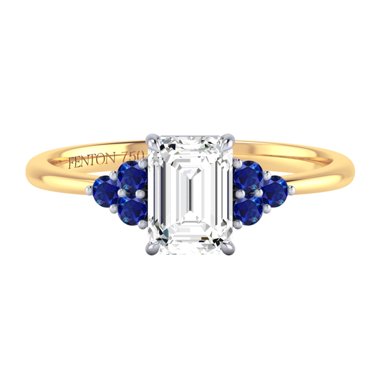 Lab Grown Diamond Trefoil Emerald Cut Diamond and Blue Sapphire 18k Yellow Gold Ring
