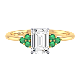 Lab Grown Solar Diamond Trefoil Emerald Cut Diamond and Emerald 18k Yellow Gold Ring