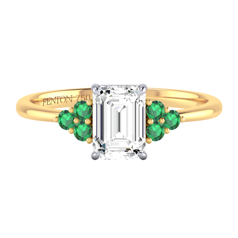 Lab Grown Diamond Trefoil Emerald Cut Diamond and Emerald 18k Yellow Gold Ring
