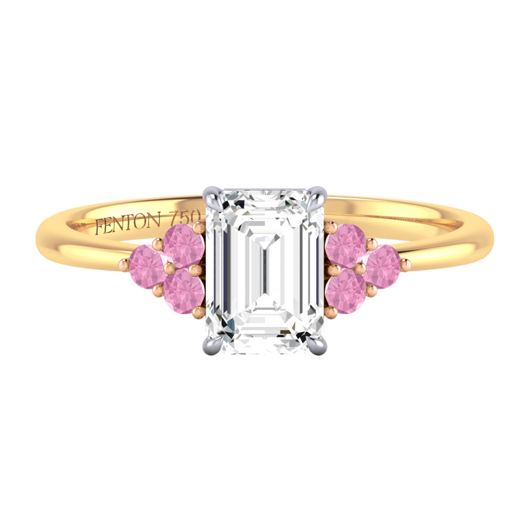 Naturally Mined Diamond Trefoil Emerald Cut Diamond and Pink Sapphire 18k Yellow Gold Ring