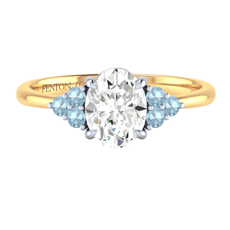 Naturally Mined Diamond Trefoil Oval Cut Diamond and Aquamarine 18k Yellow Gold Ring