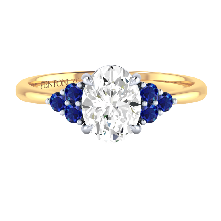 Naturally Mined Diamond Trefoil Oval Cut Diamond and Blue Sapphire 18k Yellow Gold Ring