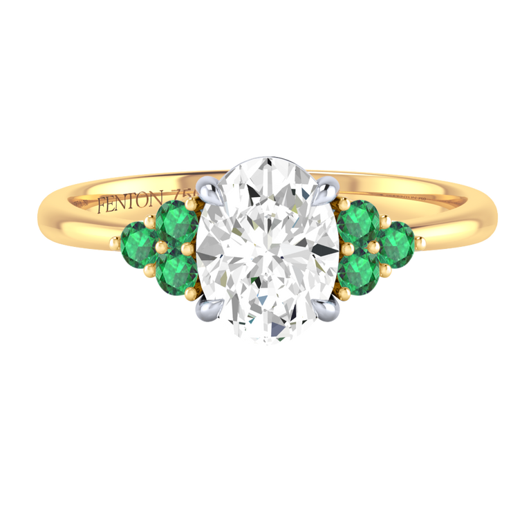 Naturally Mined Diamond Trefoil Oval Cut Diamond and Emerald 18k Yellow Gold Ring