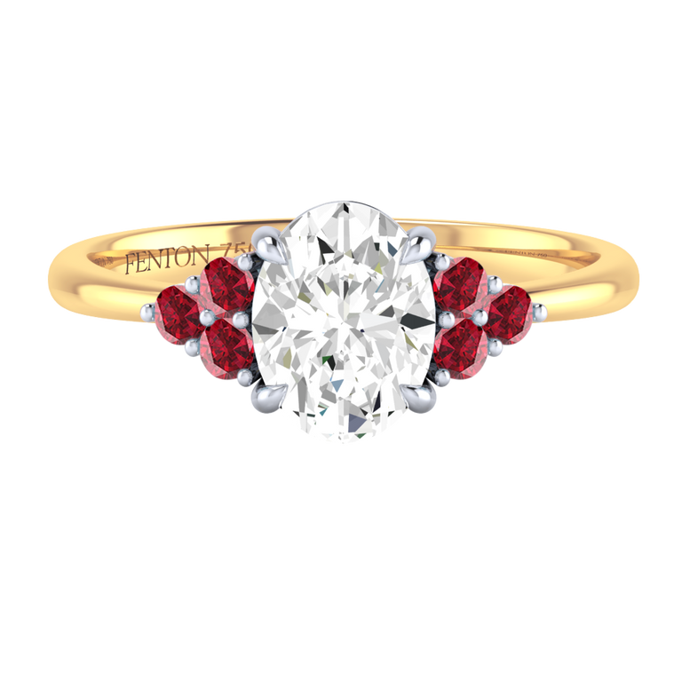 Lab Grown Diamond Trefoil Oval Cut Diamond and Ruby 18k Yellow Gold Ring