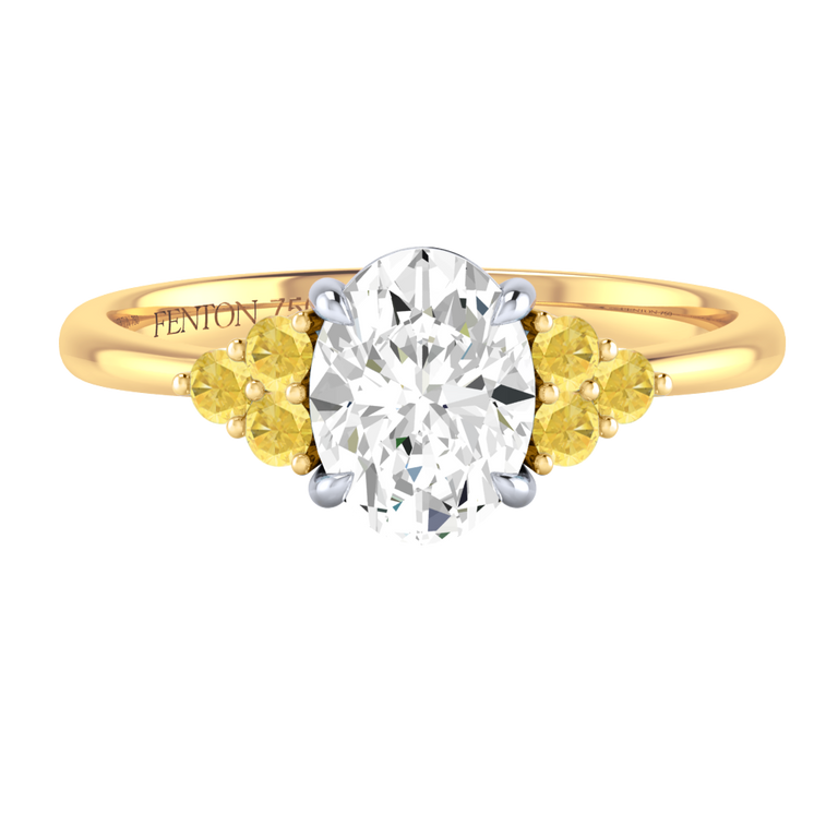 Naturally Mined Diamond Trefoil Oval Cut Diamond and Yellow Sapphire 18k Yellow Gold Ring