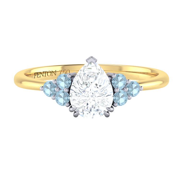 Naturally Mined Diamond Trefoil Pear Cut Diamond and Aquamarine 18k Yellow Gold Ring