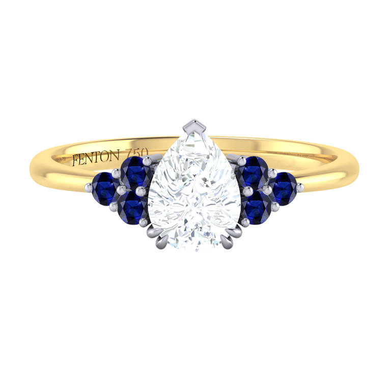 Naturally Mined Diamond Trefoil Pear Cut Diamond and Blue Sapphire 18k Yellow Gold Ring