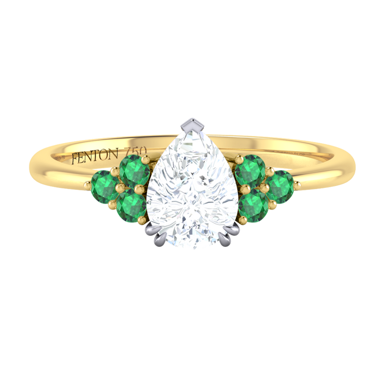 Lab Grown Solar Diamond Trefoil Pear Cut Diamond and Emerald 18k Yellow Gold Ring