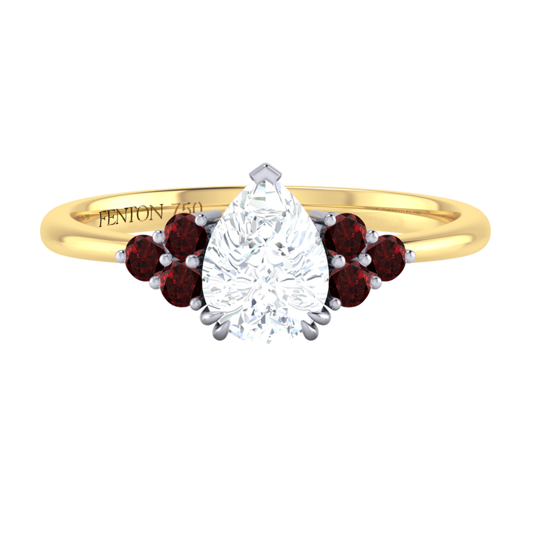 Lab Grown Diamond Trefoil Pear Cut Diamond and Garnet 18k Yellow Gold Ring