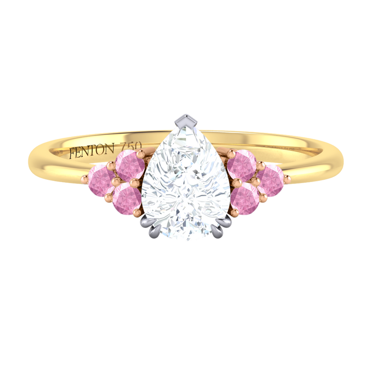 Naturally Mined Diamond Trefoil Pear Cut Diamond and Pink Sapphire 18k Yellow Gold Ring