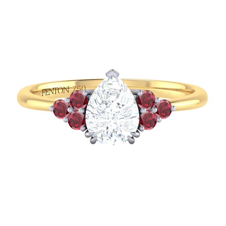 Lab Grown Diamond Trefoil Pear Cut Diamond and Ruby 18k Yellow Gold Ring
