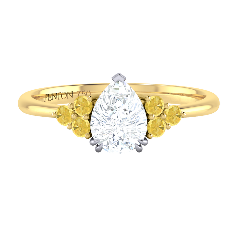 Naturally Mined Diamond Trefoil Pear Cut Diamond and Yellow Sapphire 18k Yellow Gold Ring