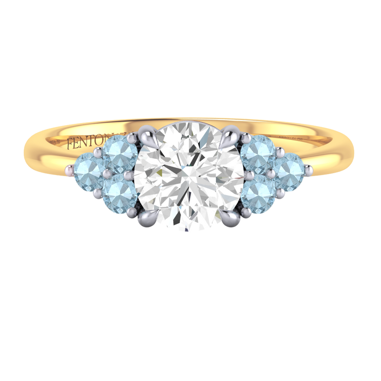 Naturally Mined Diamond Trefoil Round Cut Diamond and Aquamarine 18k Yellow Gold Ring