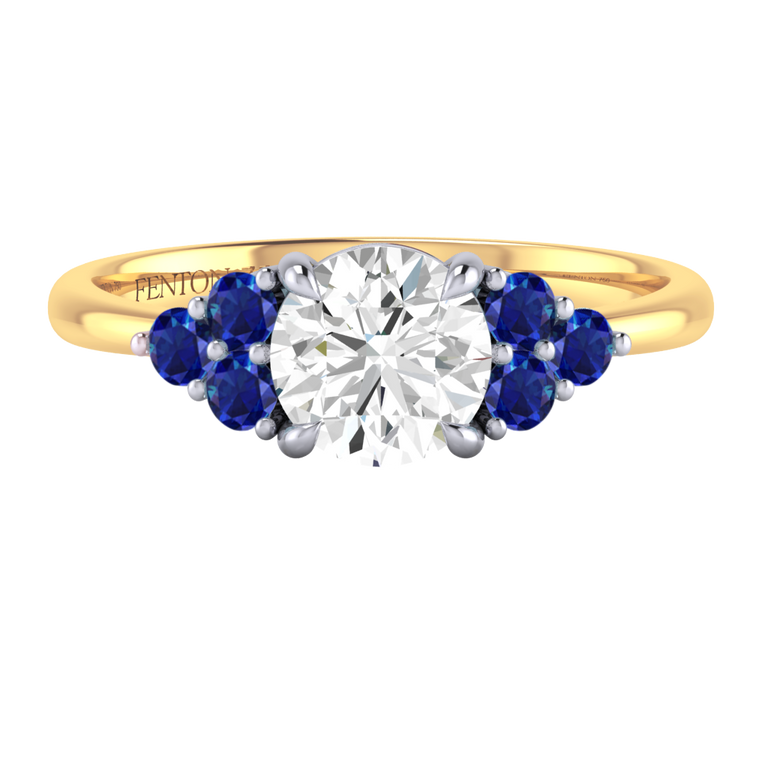 Naturally Mined Diamond Trefoil Round Cut Diamond and Blue Sapphire 18k Yellow Gold Ring