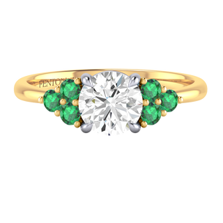 Lab Grown Solar Diamond Trefoil Round Cut Diamond and Emerald 18k Yellow Gold Ring