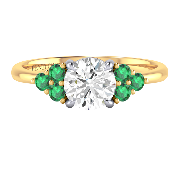 Naturally Mined Diamond Trefoil Round Cut Diamond and Emerald 18k Yellow Gold Ring