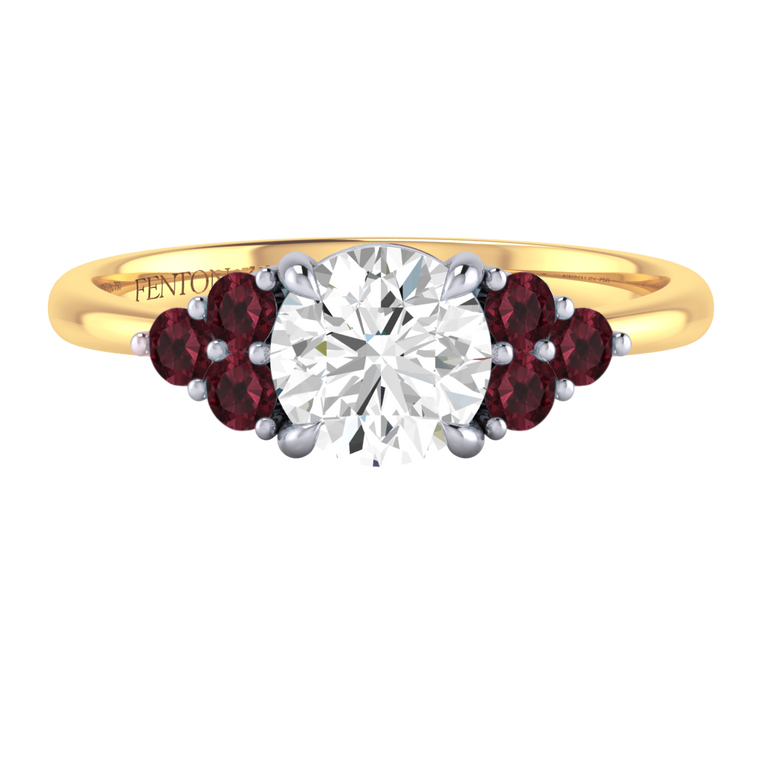 Naturally Mined Diamond Trefoil Round Cut Diamond and Garnet 18k Yellow Gold Ring