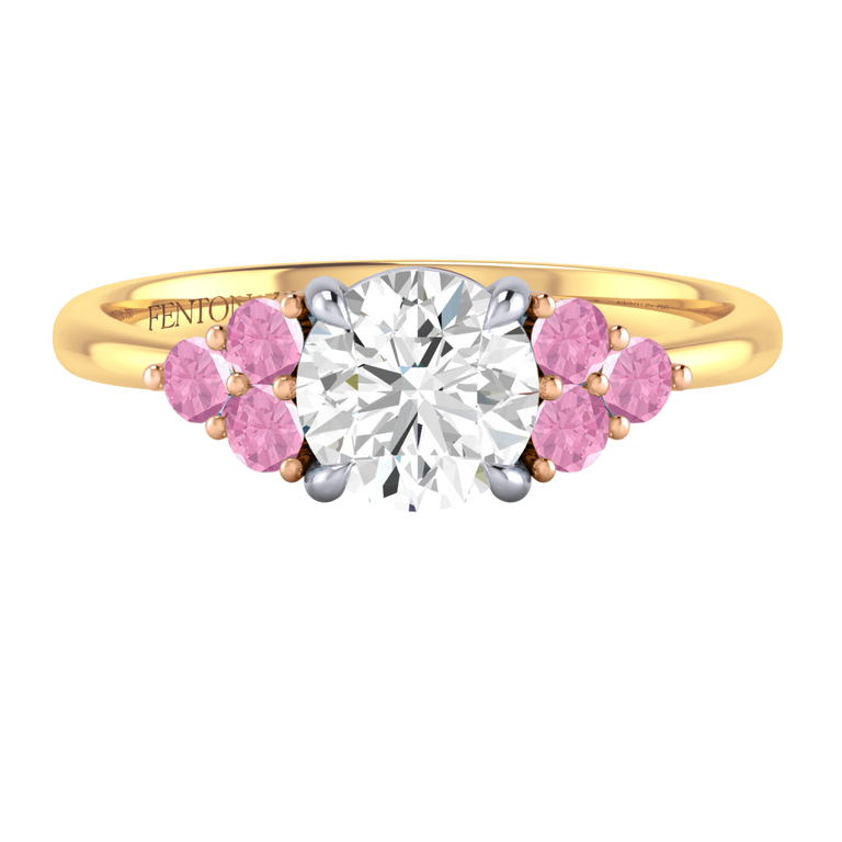 Naturally Mined Diamond Trefoil Round Cut Diamond and Pink Sapphire 18k Yellow Gold Ring