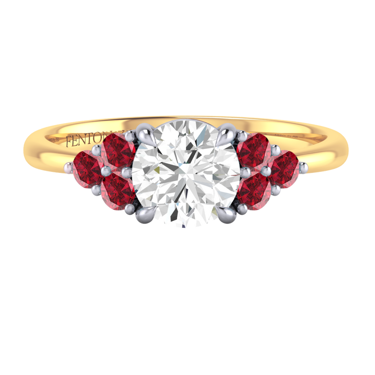 Lab Grown Diamond Trefoil Round Cut Diamond and Ruby 18k Yellow Gold Ring